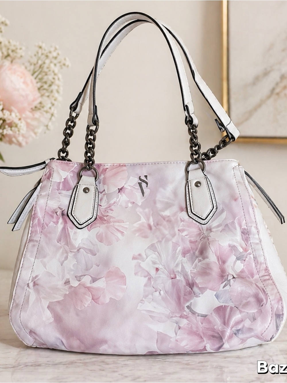 Simply Vera Vera Wang Floral Satchel Purse Pink White Chain Handle Faux Leather